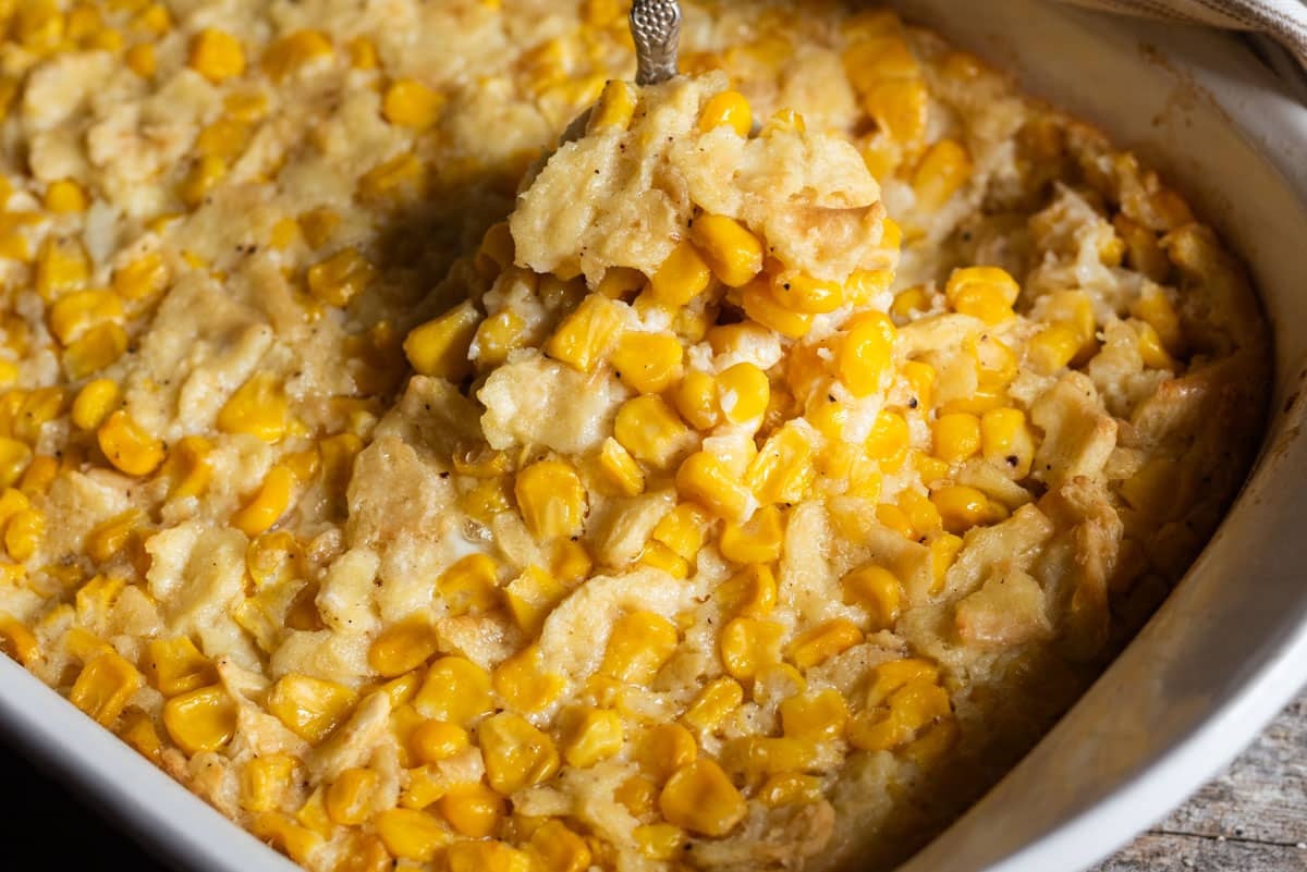 scalloped corn in a casserole