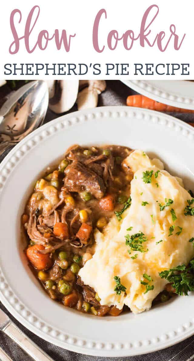 Slow Cooker Shepherd's Pie is an easy way to enjoy a classic casserole. Fork-tender roast beef simmered with veggies & topped with cheesy mashed potatoes.