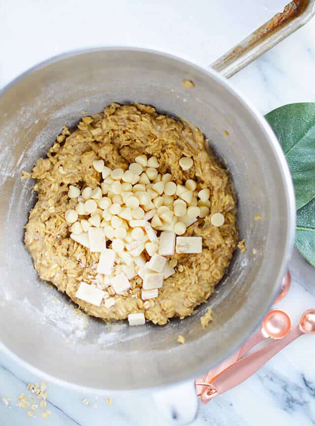 oatmeal cookie dough with white chocolate pieces