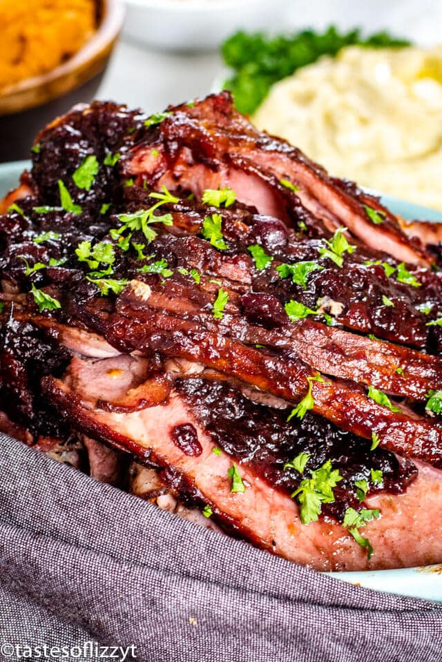 A close up of a spiral glazed ham