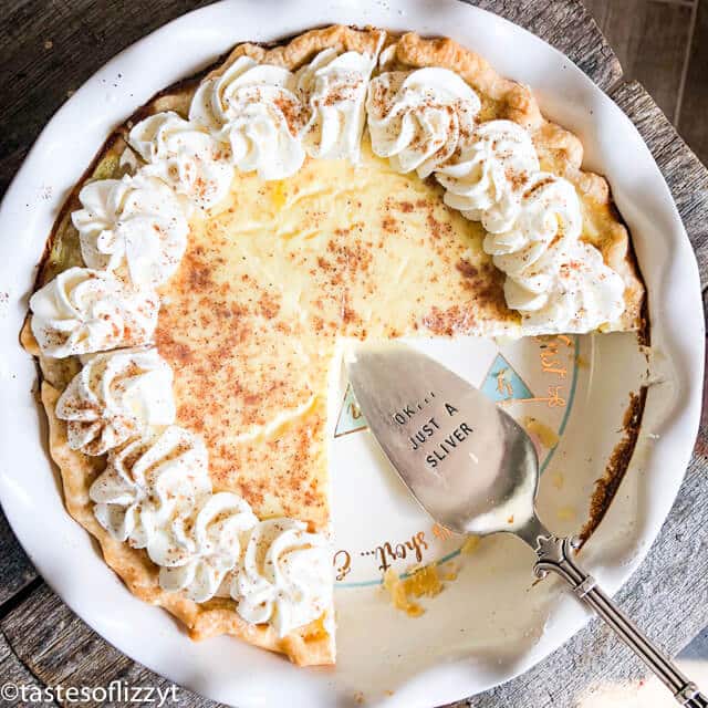 overhead view of custard pie with spatula