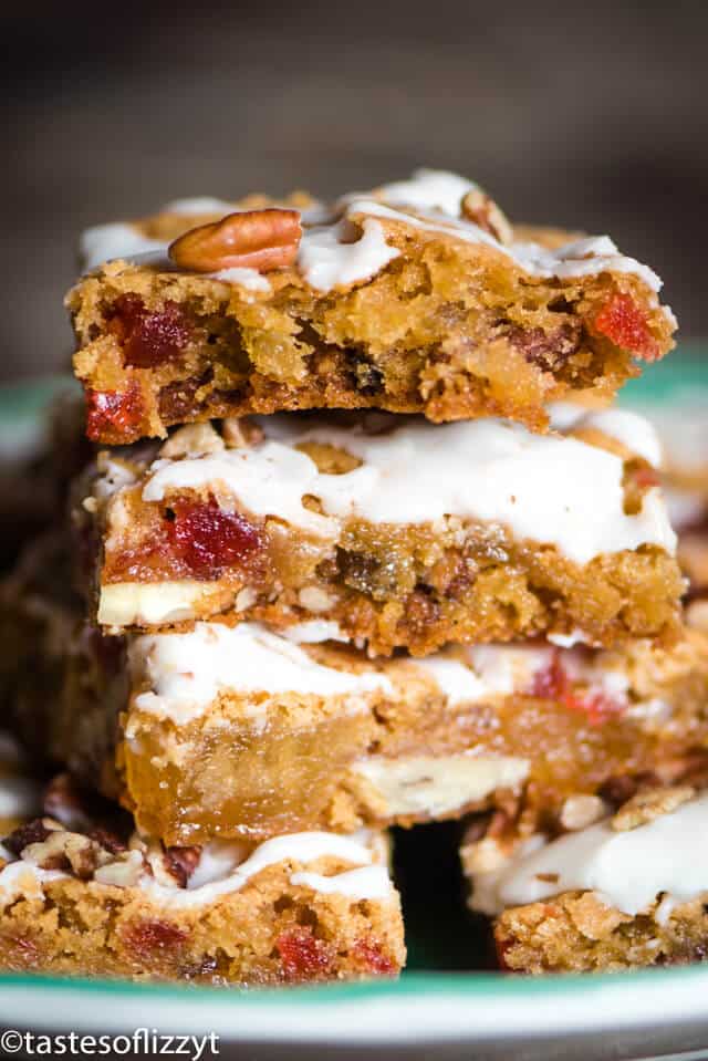 stack of christmas fruit cake cookie bars