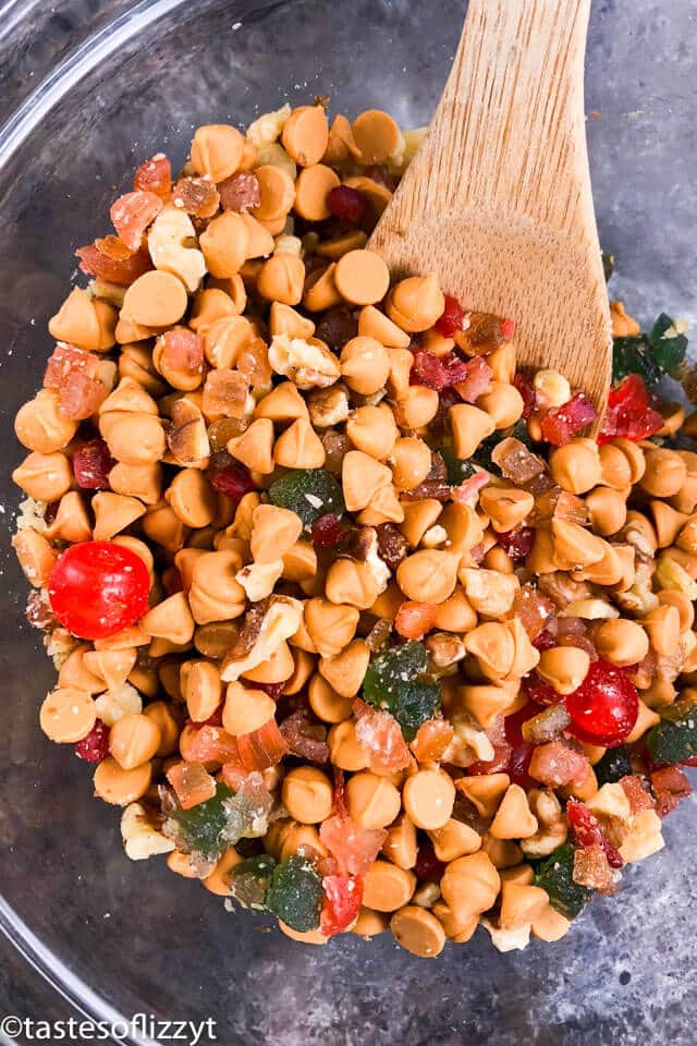butterscotch and candied fruit in a bowl