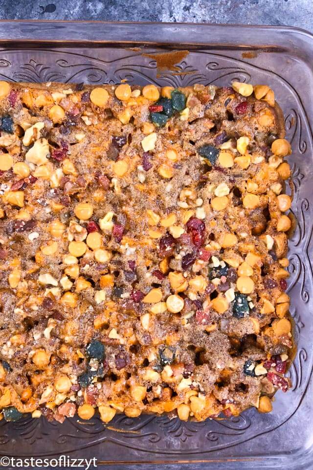 baked butterscotch fruit cake bars in pan