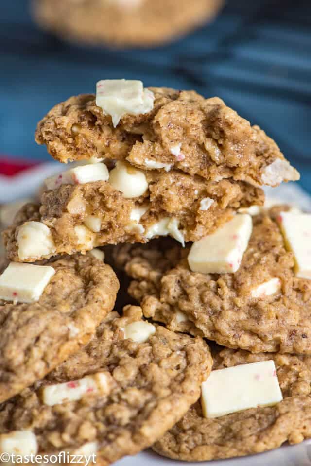 pile of oatmeal cookies with peppermint chips