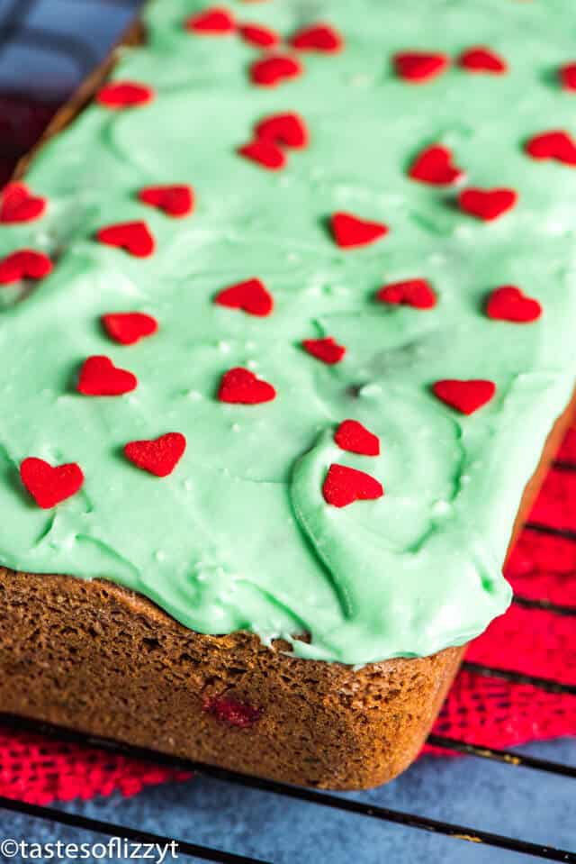grinch dessert bread with green frosting