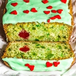 green grinch bread with cherry heart