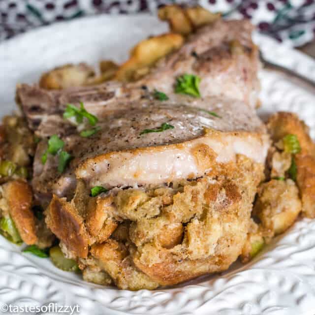 A close up of stuffed pork chop on a plate