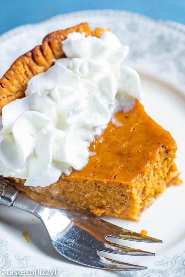 closeup of eggnog pumpkin pie with one bite missing
