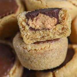 A close up of a reese's cookie broken in half