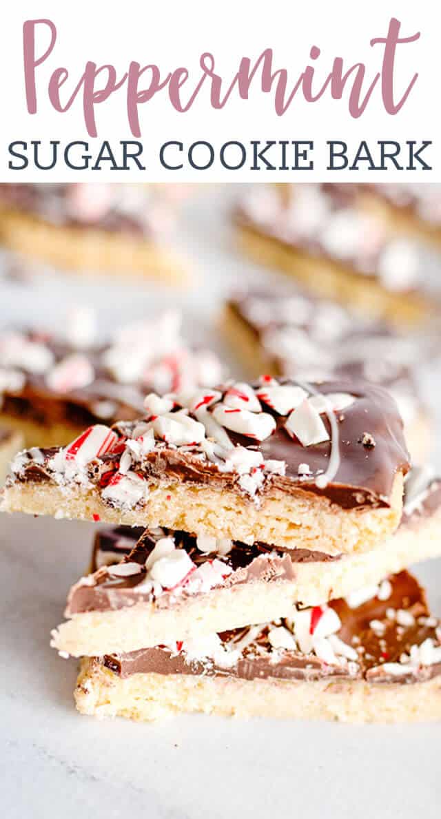 stack of sugar cookie bark topped with chocolate and peppermint