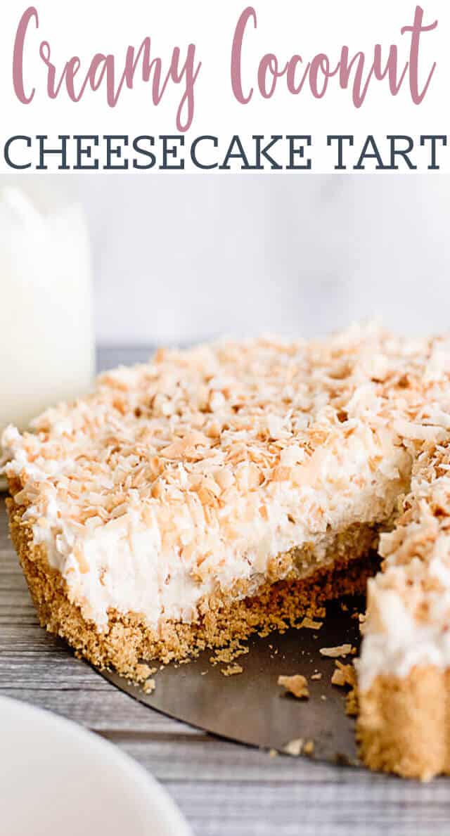 With a graham cracker crust and toasted coconut topping, this Coconut Cheesecake Tart makes an easy dessert! Cream cheese and whipped topping make a light, creamy cheesecake.