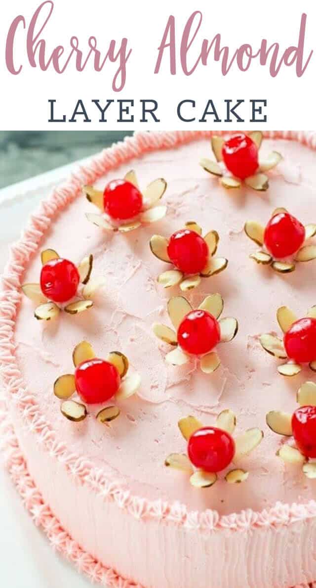 Light, airy from-scratch maraschino cherry cakes with pink almond and cherry flavored buttercream. Top this cherry almond cake with simple little "flowers" made from almonds and cherries. #cherry #mothersday #cake #almond via @tastesoflizzyt