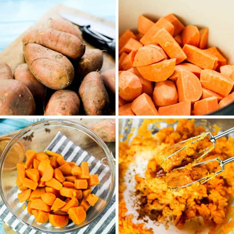 collage of mashing sweet potatoes