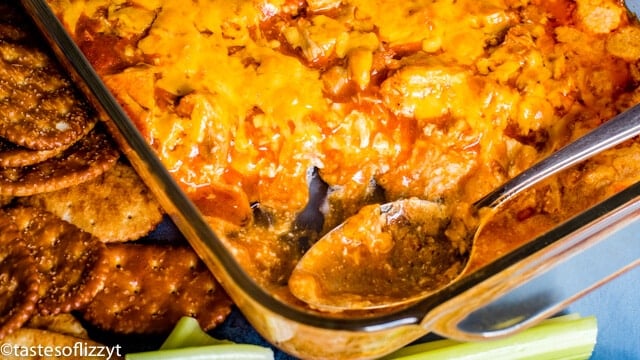 7x11 casserole dish of buffalo chicken dip
