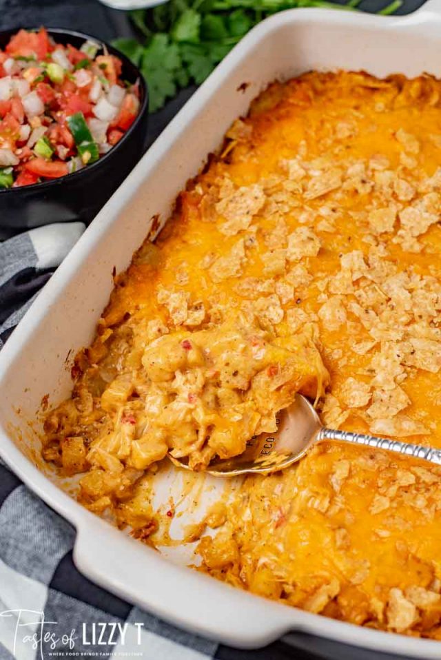 cheesy chicken casserole in baking dish