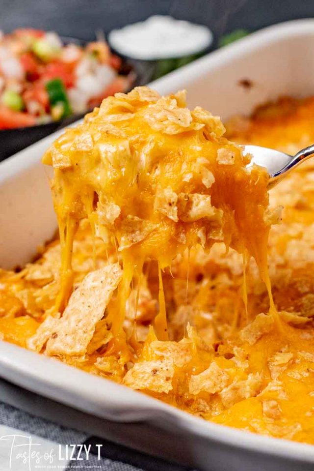 A close up of a cheesy chicken casserole