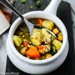 White bowl of Chicken Sweet Potato Soup