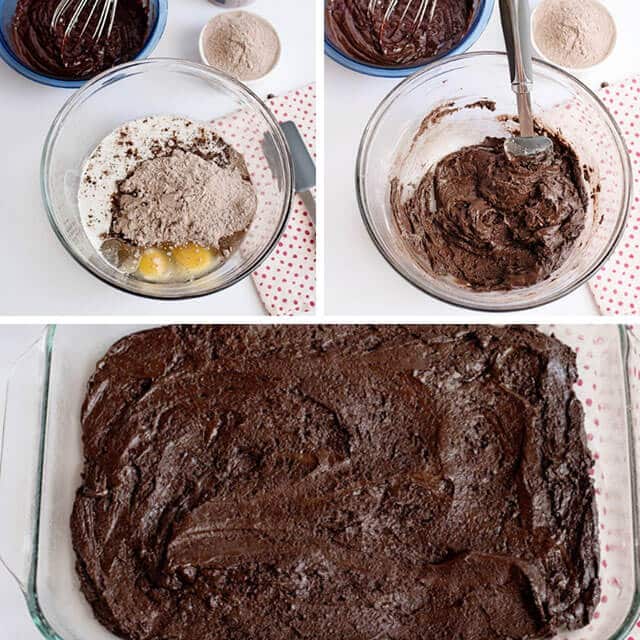 step by step photos show how to make chocolate cake mix brownies