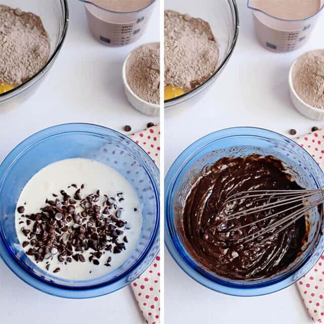 whisking chocolate chips into a bowl with heavy cream