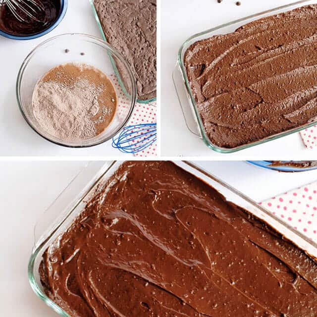 photo collage showing how to make chocolate pudding cake mix brownies