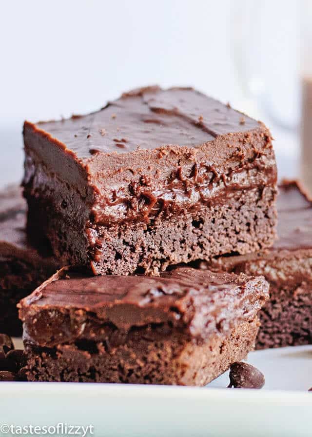 a stack of triple chocolate cake mix brownies