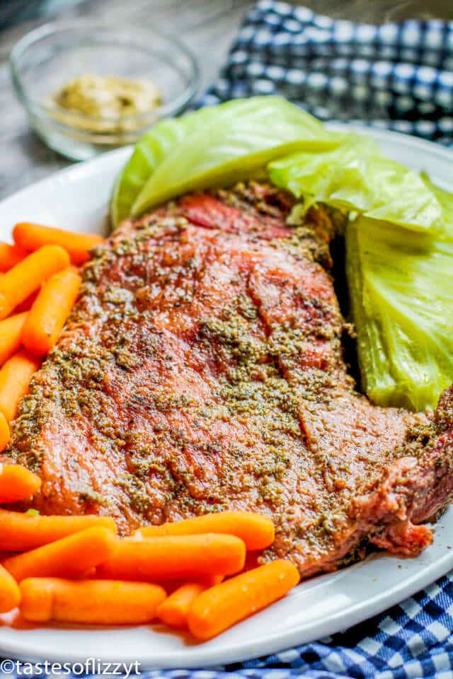 corned beef, cabbage and carrots on a plate