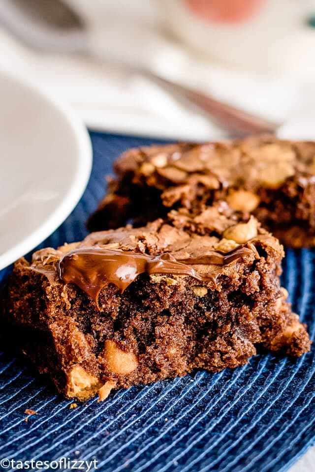 Fudgy Espresso Brownies with chocolate drizzle