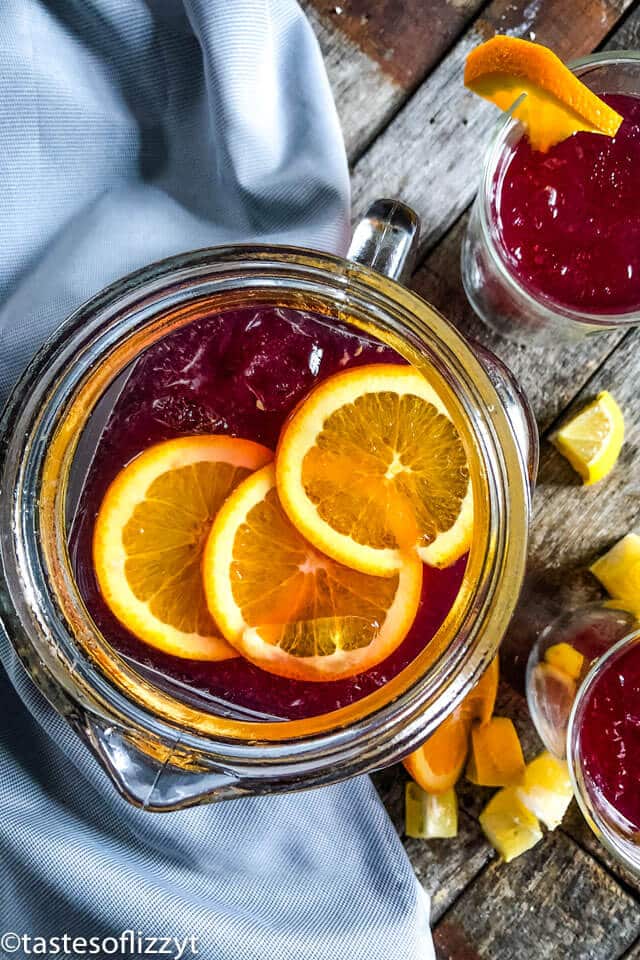 overhead view of grape lemonade pitcher