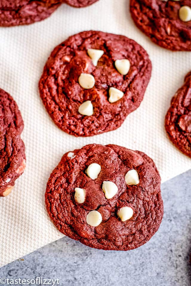 soft red velvet cookies with white chocolate chips