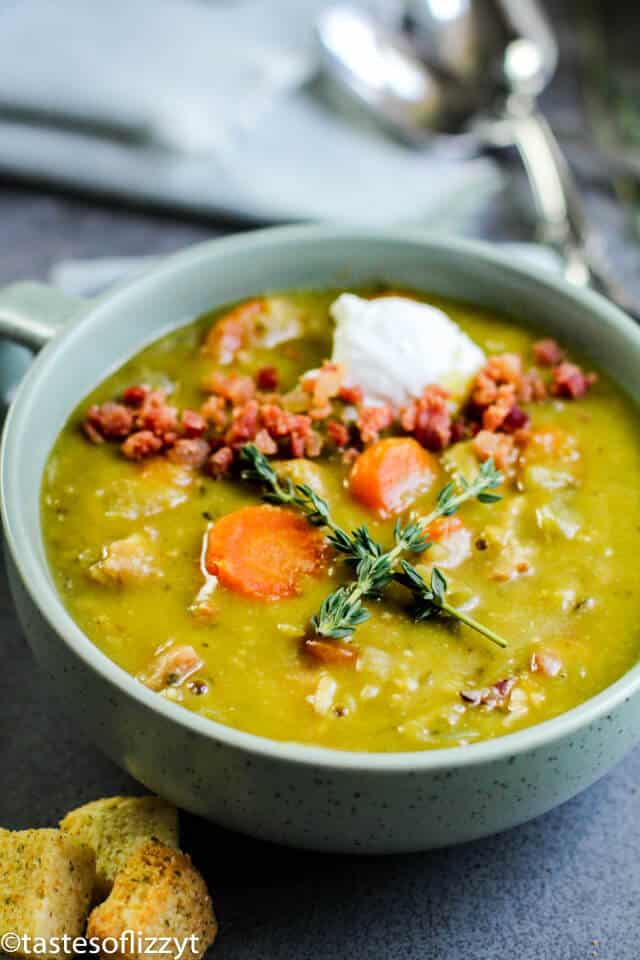 A bowl of split pea soup