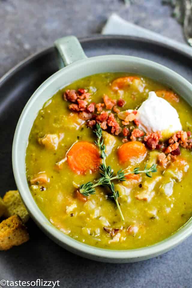 bowl of split pea soup made in the instant pot