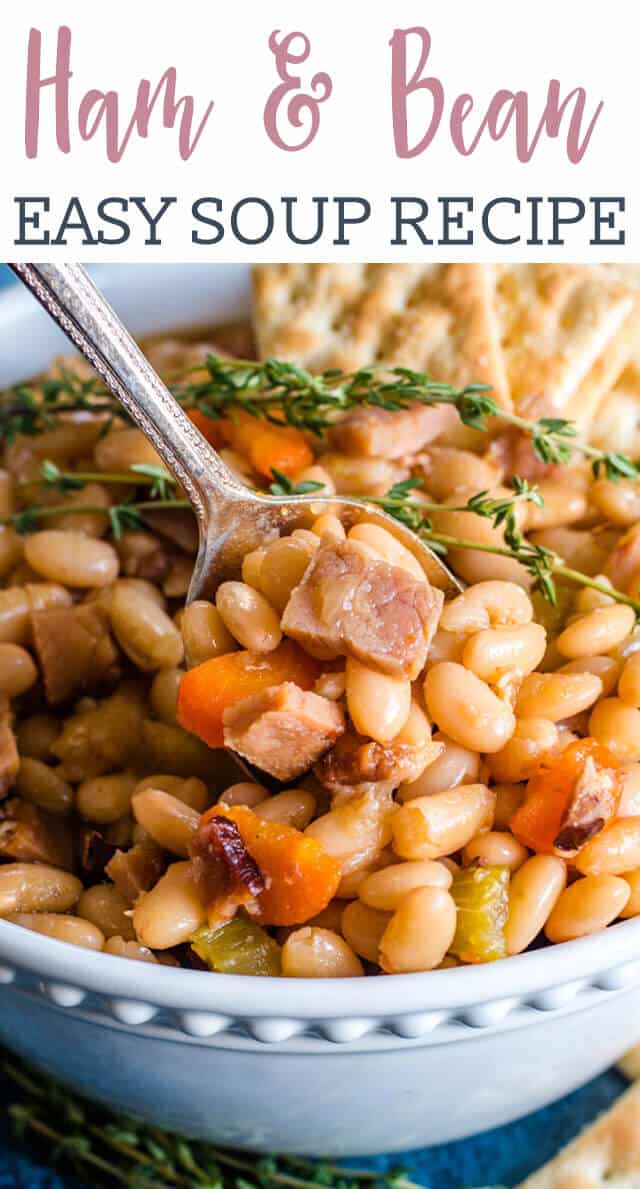 A bowl of food, with Ham and beans