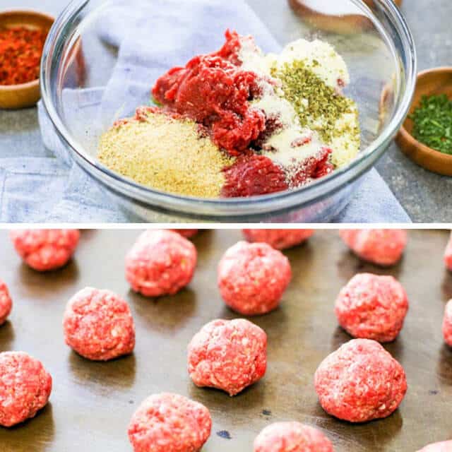 Albondigas Mexican meatball mixture and uncooked meatballs on a baking sheet