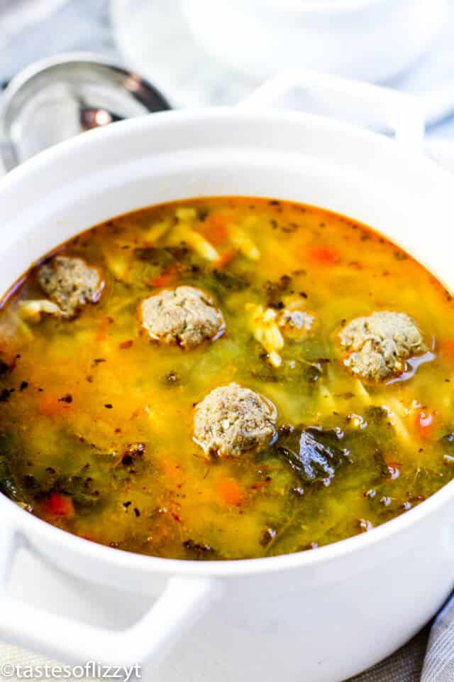 large white pot of Mexican meatball soup