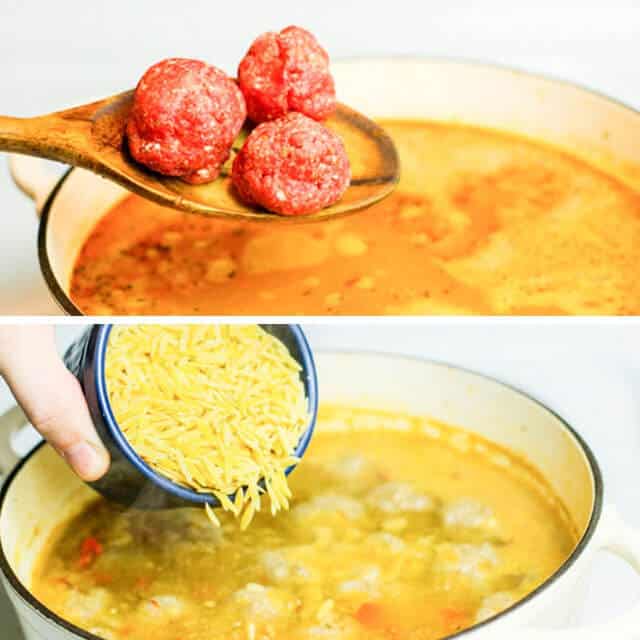 adding uncooked Albondigas meatballs and shredded cheese to Albondigas soup