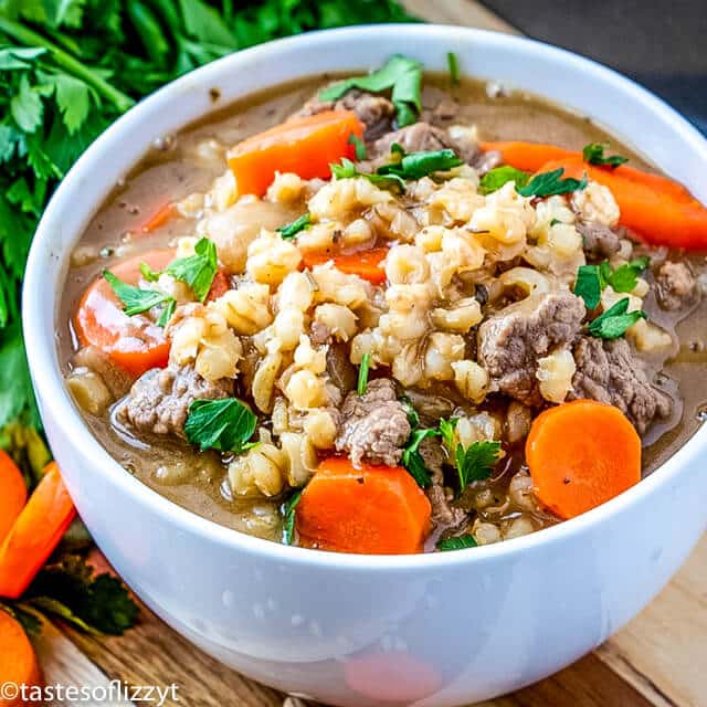 A bowl of soup, with Beef and Stew