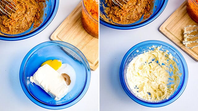 combining cream cheese, sugar, and an egg yolk in a blue bowl