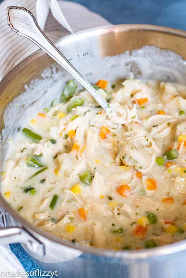 Chicken and Dumplings in a saucepan