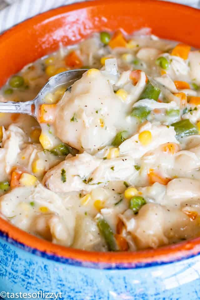 Chicken and Dumplings in a clay bowl