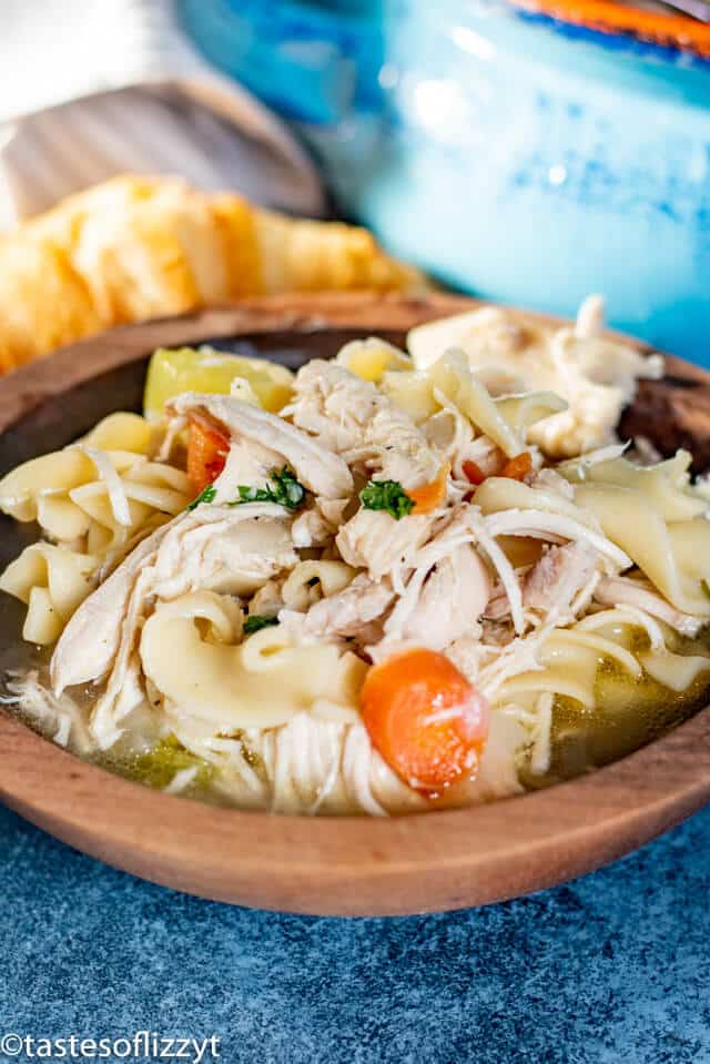 Chicken Noodle Soup in wooden bowl