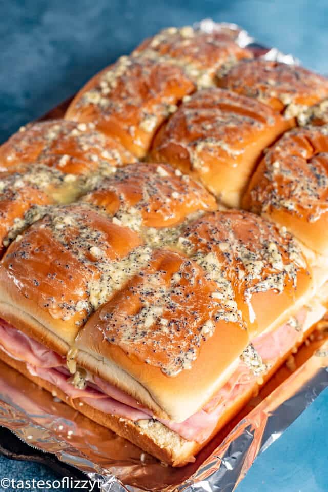 Ham and Cheese Sliders - unbaked with butter drizzle
