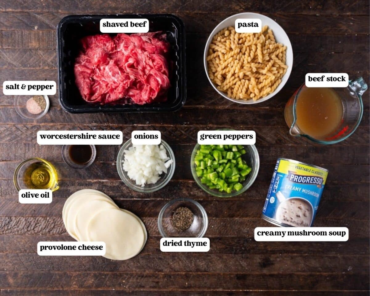 ingredients for philly cheesesteak casserole on a table