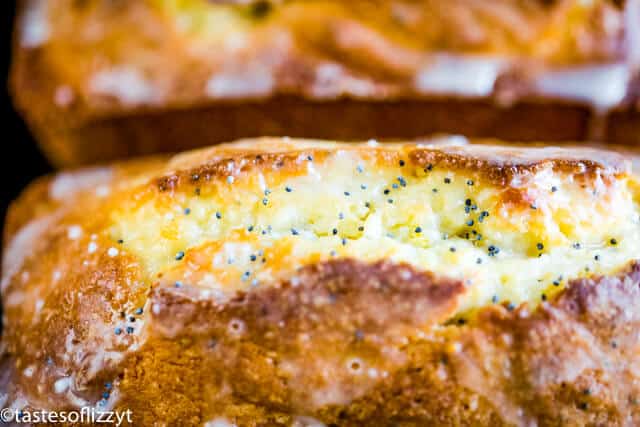 A close up of lemon poppy seed bread