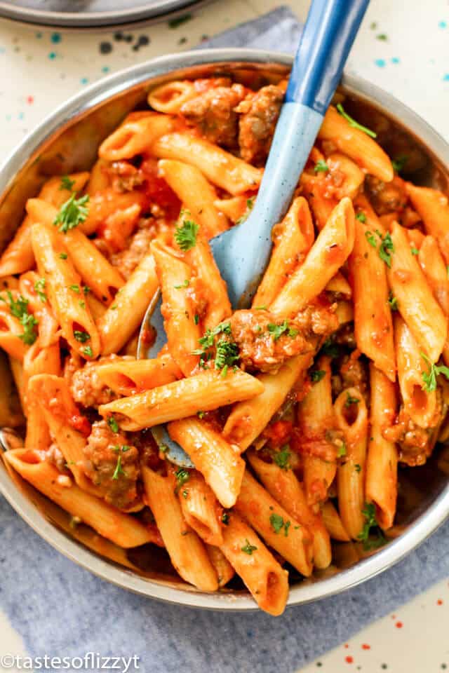 Italian sausage pasta dinner in a large pot