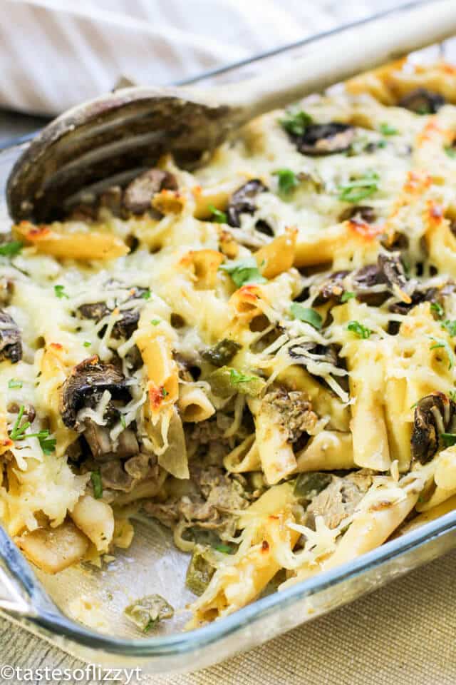 A close up of a plate cheesesteak casserole