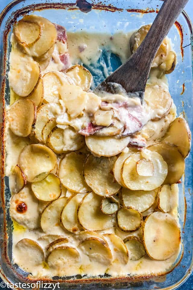 overhead view of scalloped potatoes