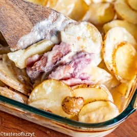 Scalloped Potatoes and Ham Recipe in casserole dish
