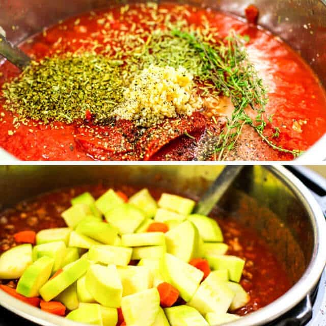 A bowl of food, with Sauce and zucchini