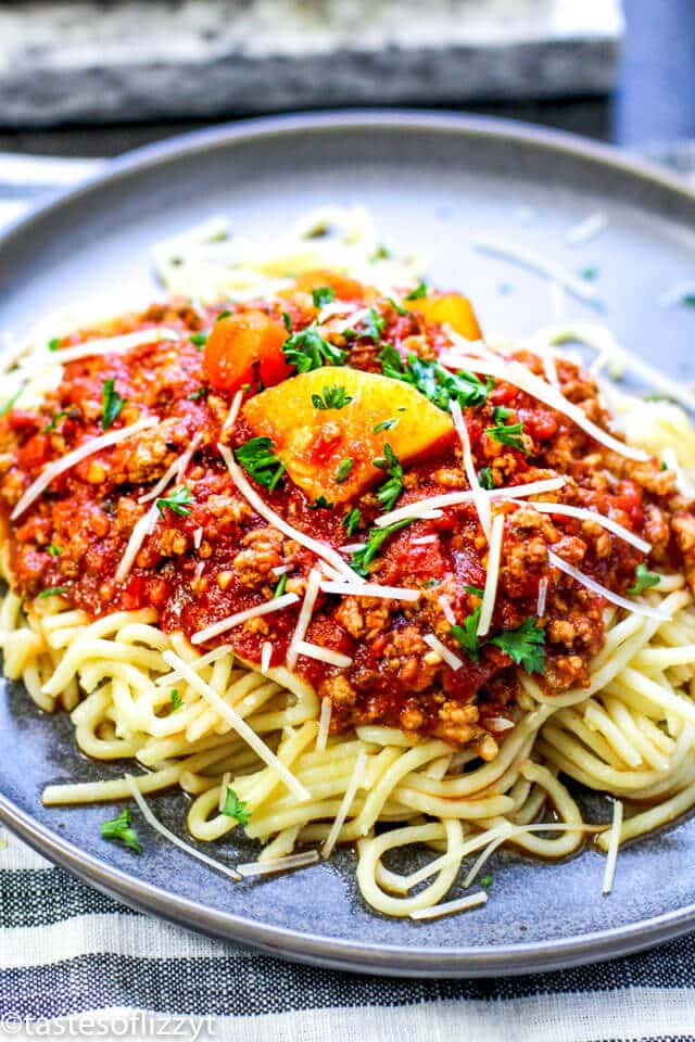 Three Meat Ragu Sauce over spaghetti